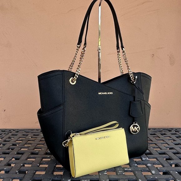 Michael Kors Jet Set Large Chain Tote Bag + Double Zip Wallet Black Yellow - Picture 3 of 16